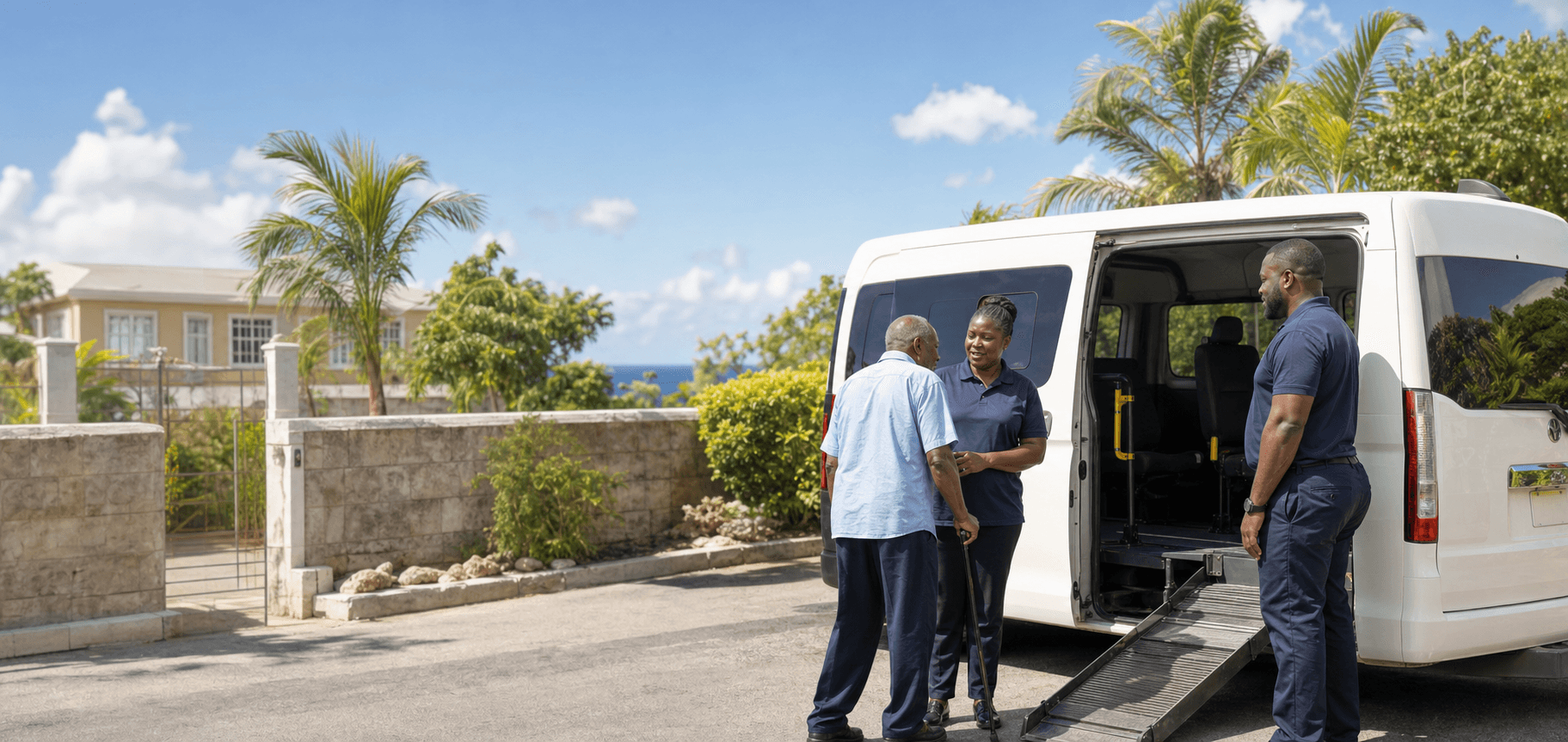 Blessed Rentals driver greeting a passenger beside the van