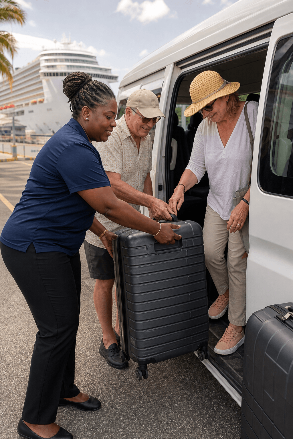 Cruise visitors receiving luggage assistance at the port