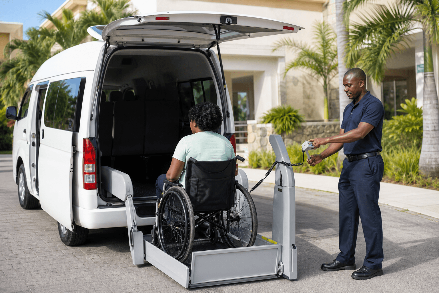 Accessible transportation with a rear wheelchair lift in Barbados